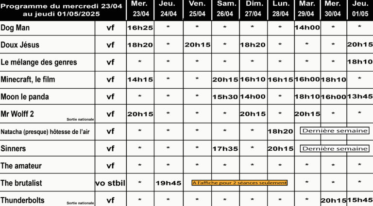 CINÉ GEDINNE du 23/04 au 01/05/2025