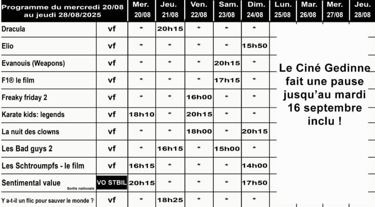 CINÉ GEDINNE du 20 au 28/08/2025