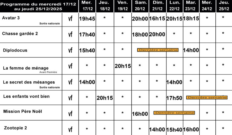 CINÉ GEDINNE du 17 au 25/12/2025