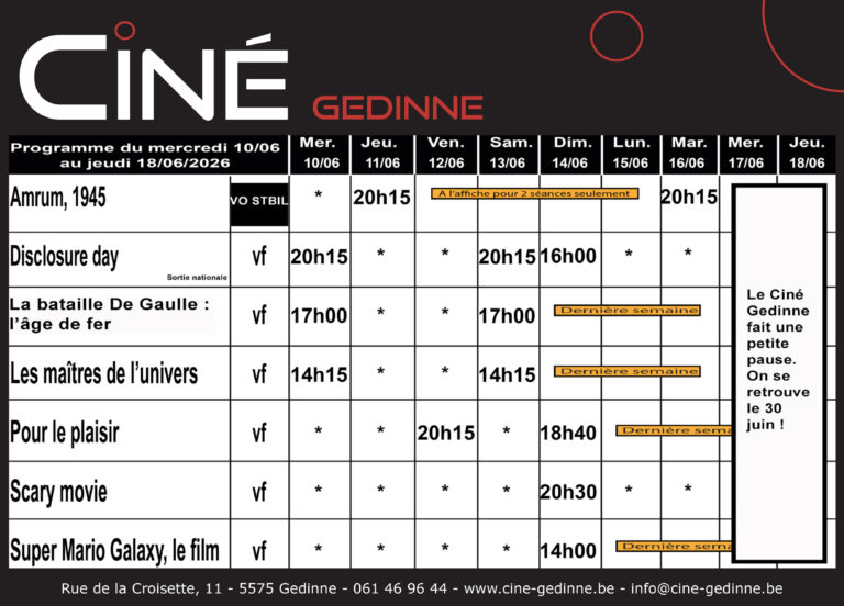 CINÉ GEDINNE du 10 au 18/06/2026